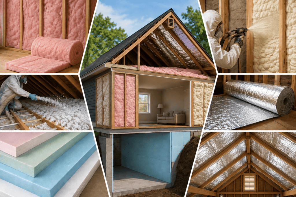 Comparison of fiberglass, blown-in, foam board, spray foam, and reflective insulation used in a home