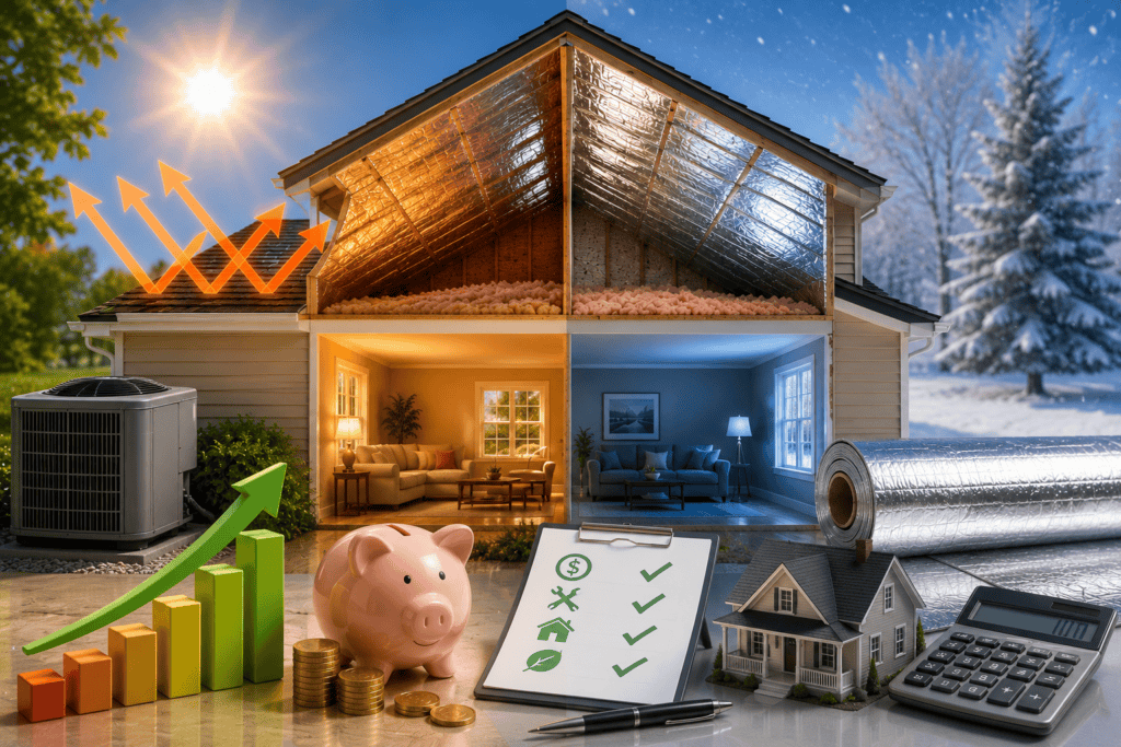 Radiant barrier reducing attic heat transfer to improve home energy efficiency in summer and winter