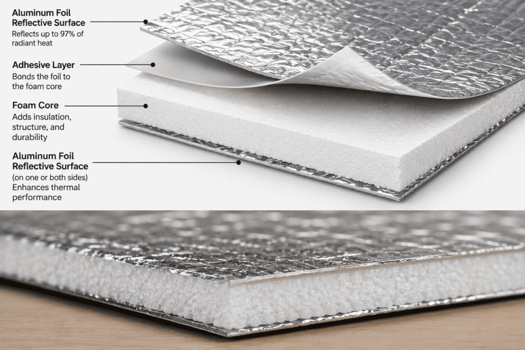 Cutaway diagram of reflective foam insulation showing aluminum foil reflective surfaces, adhesive layer, and foam core