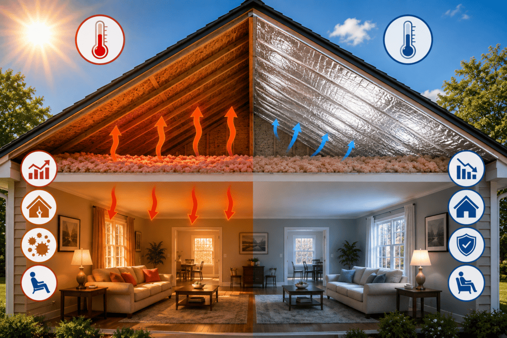 Hot attic compared with an attic with reflective radiant barrier installed over the roof rafters
