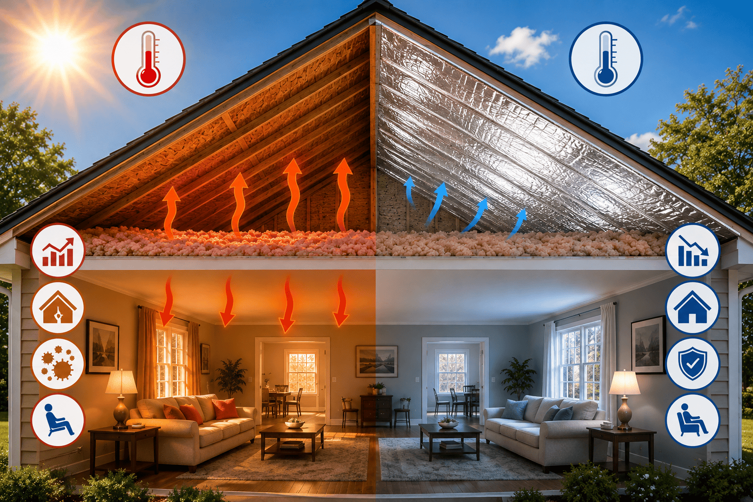 Hot attic compared with an attic with reflective radiant barrier installed over the roof rafters