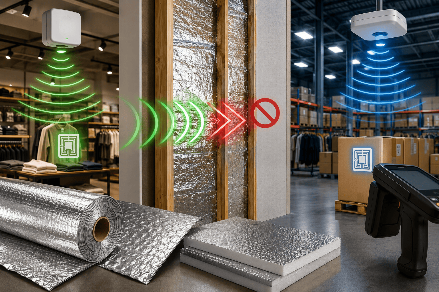 Reflective insulation installed inside a partition wall blocks RFID signals between a retail store and warehouse, improving RFID inventory tracking accuracy and reducing signal interference.