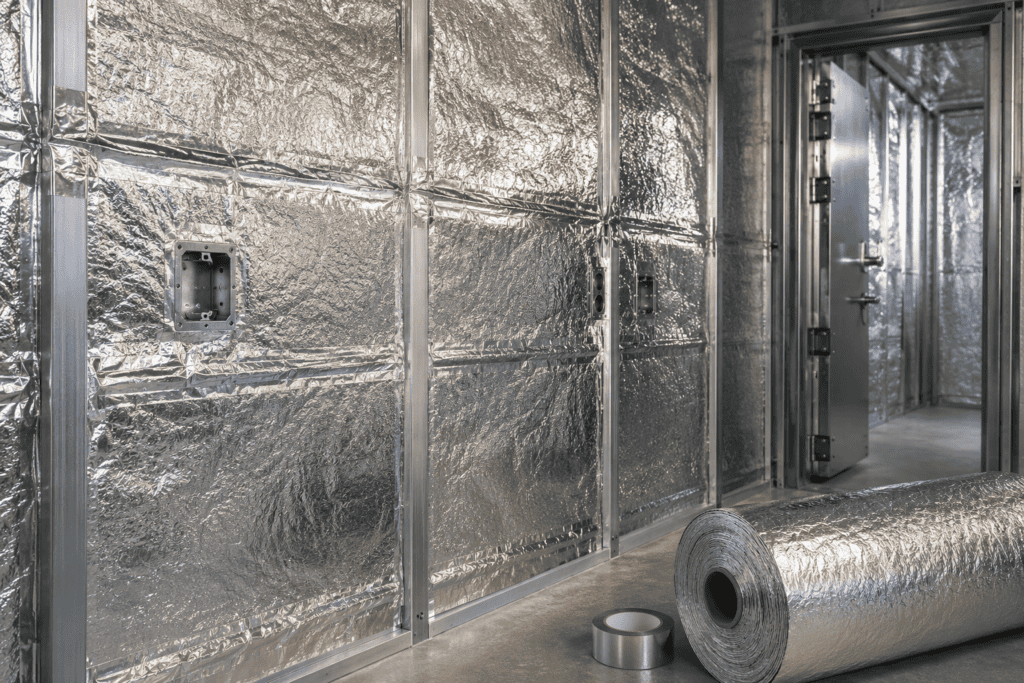 Aluminum foil radiant barrier installed on metal wall framing for RF shielding in a SCIF construction project.