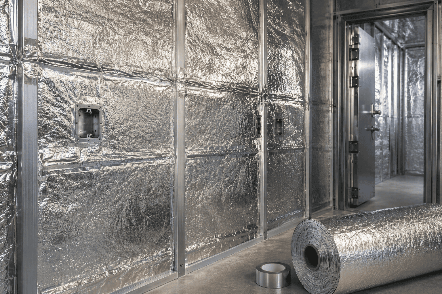 Aluminum foil radiant barrier installed on metal wall framing for RF shielding in a SCIF construction project.