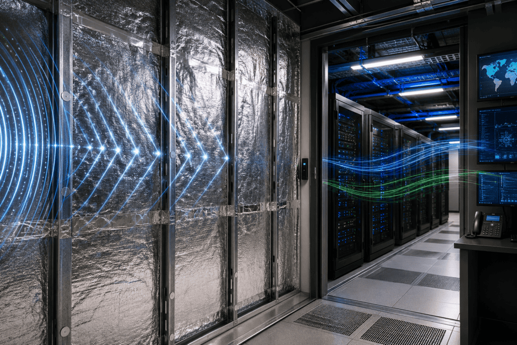 Reflective RF shielding insulation installed in a secure facility to reduce electromagnetic interference and improve thermal performance.