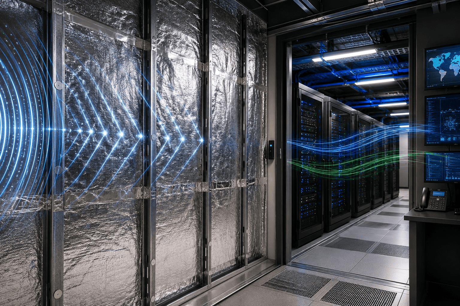 Reflective RF shielding insulation installed in a secure facility to reduce electromagnetic interference and improve thermal performance.