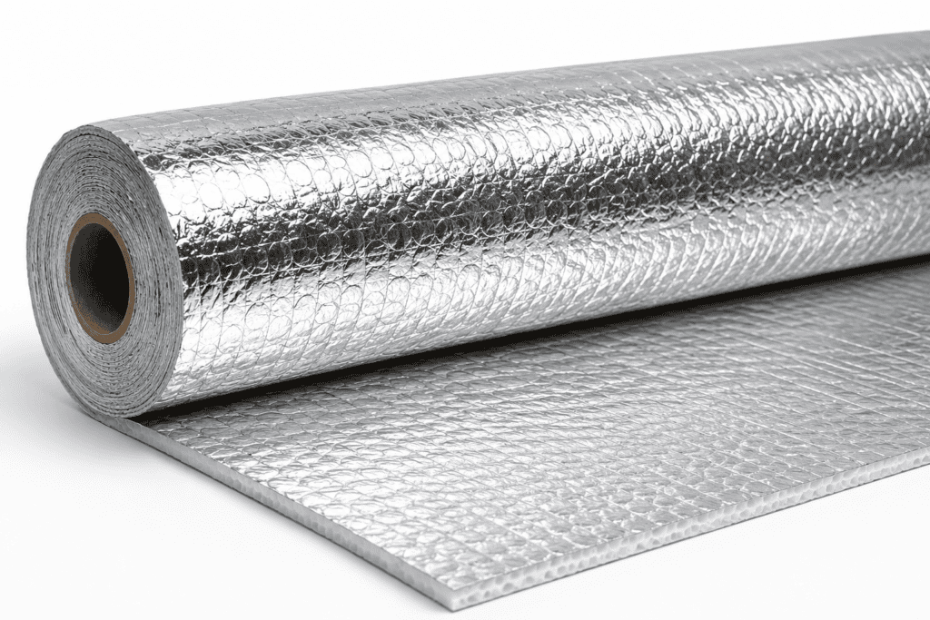 Roll of reflective foil insulation used for radiant heat reflection and RF shielding applications