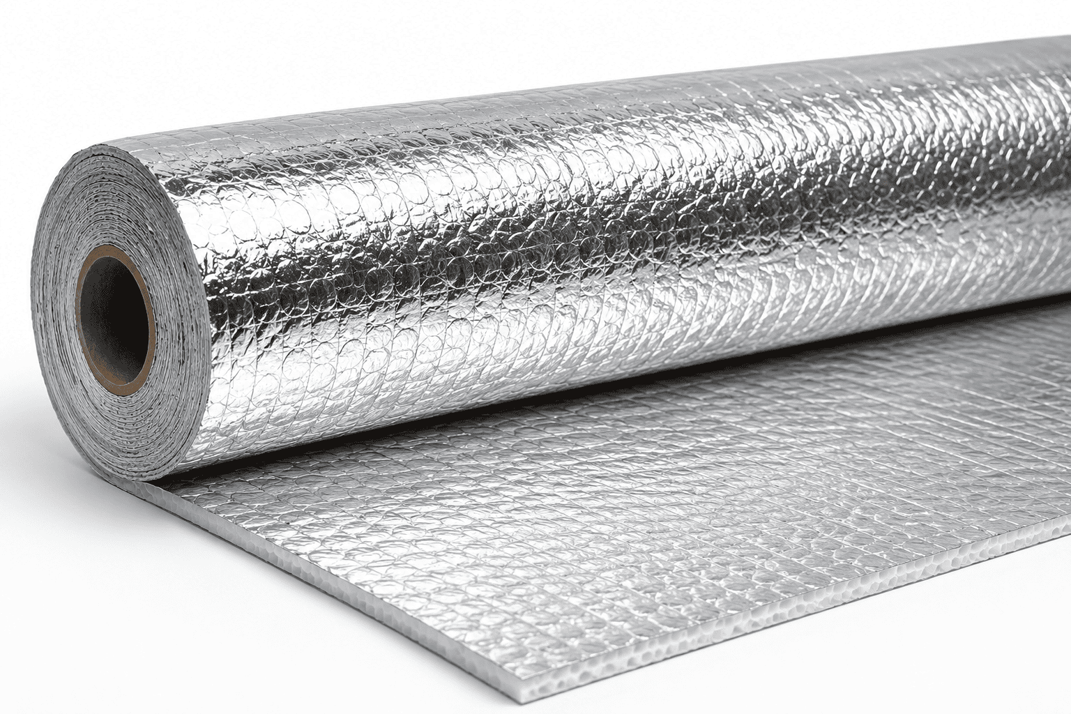 Roll of reflective foil insulation used for radiant heat reflection and RF shielding applications