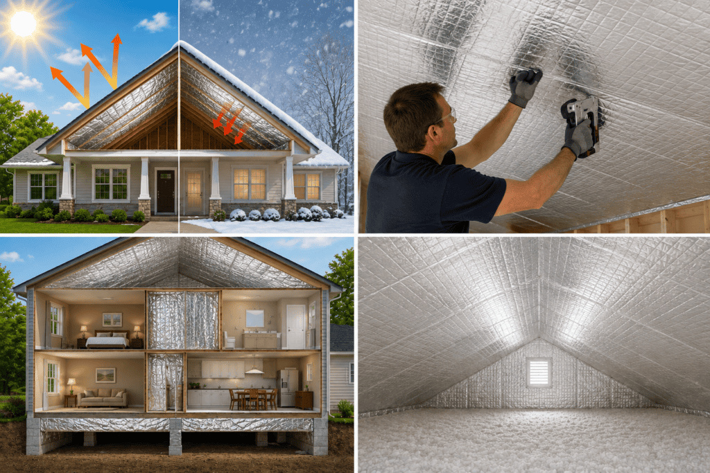 Radiant barrier insulation shown in summer and winter and installed across attic rafters, walls, and floors