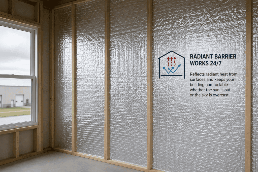 Radiant barrier installed on an interior wall with overcast skies outside, showing radiant heat reflection is not dependent on sunlight