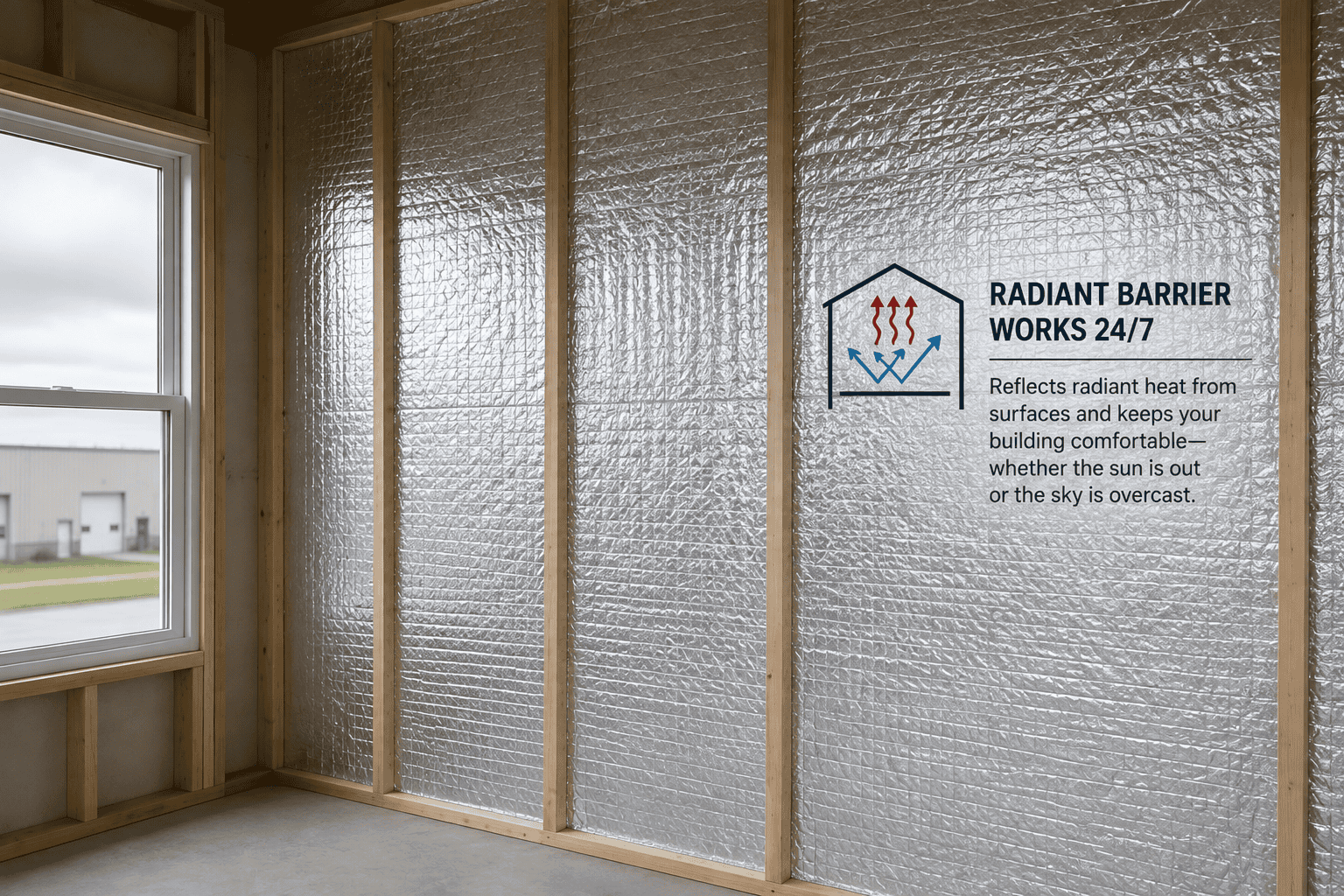 Radiant barrier installed on an interior wall with overcast skies outside, showing radiant heat reflection is not dependent on sunlight