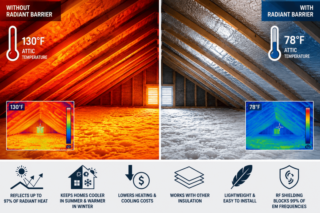 Split attic comparison showing higher heat without a radiant barrier and a cooler attic with reflective radiant barrier installed