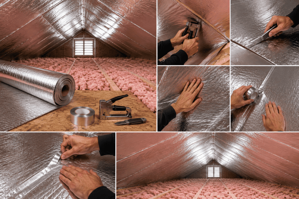 DIY installation of thin reflective radiant barrier over attic roof rafters