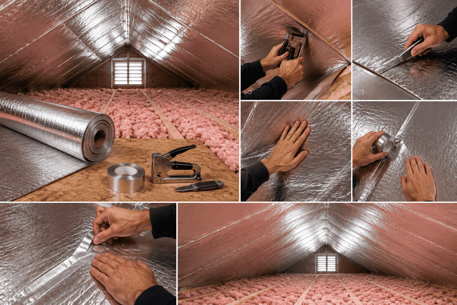 DIY installation of thin reflective radiant barrier over attic roof rafters