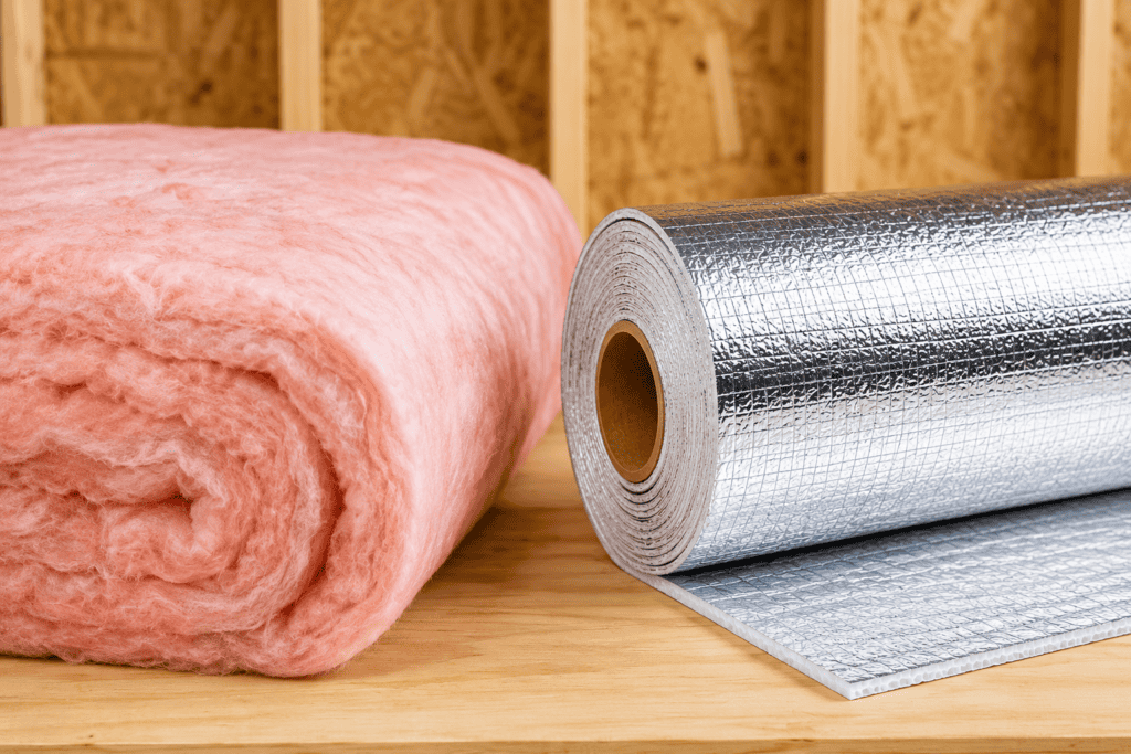 Fiberglass insulation roll beside reflective radiant barrier foil showing the difference between the two insulation materials