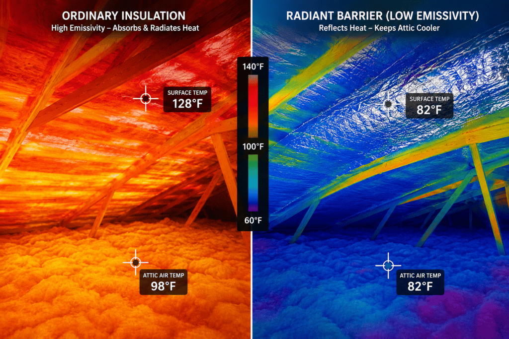 Thermal comparison showing ordinary insulation absorbing radiant heat versus a low-emissivity radiant barrier reflecting heat and keeping an attic cooler