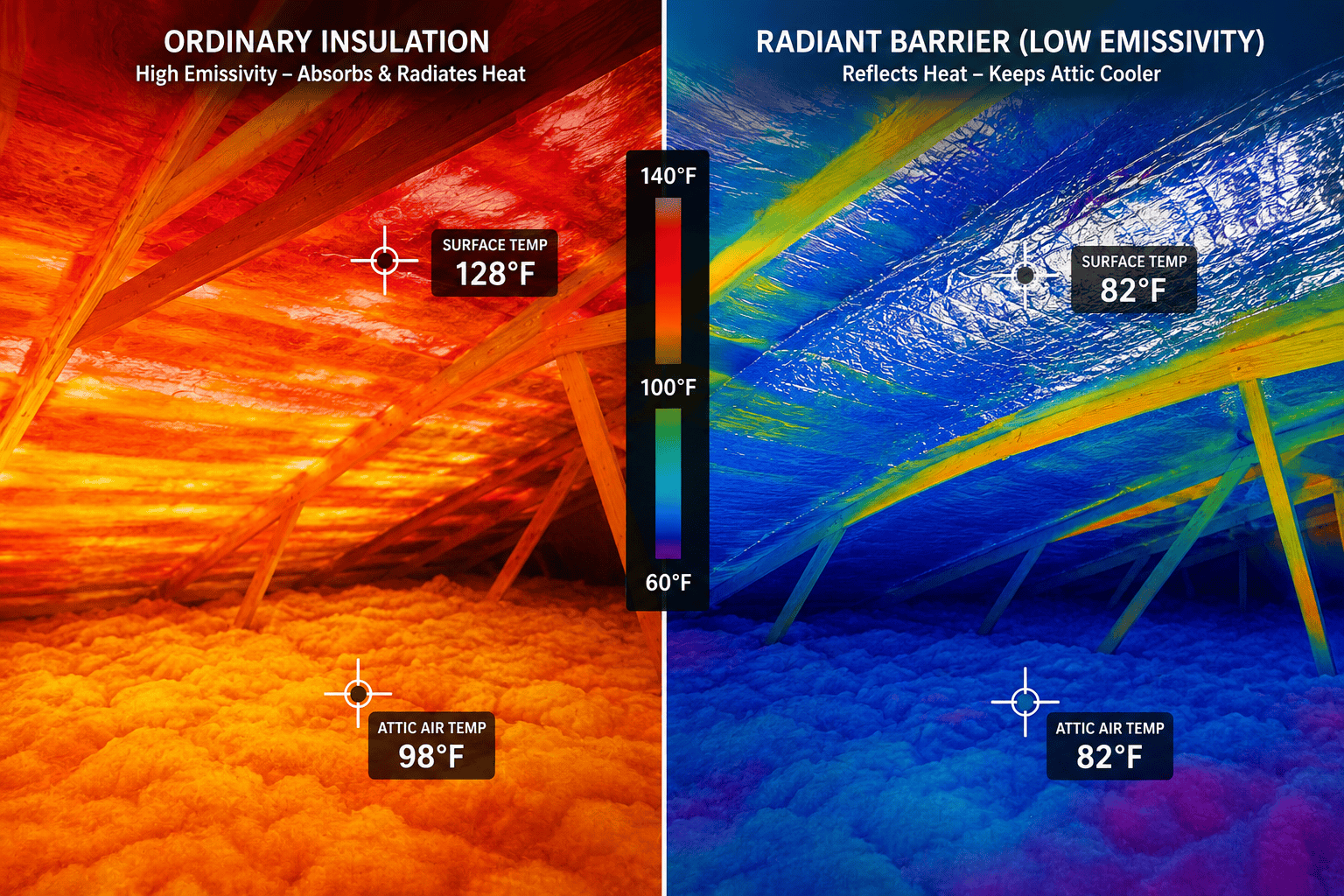 Thermal comparison showing ordinary insulation absorbing radiant heat versus a low-emissivity radiant barrier reflecting heat and keeping an attic cooler