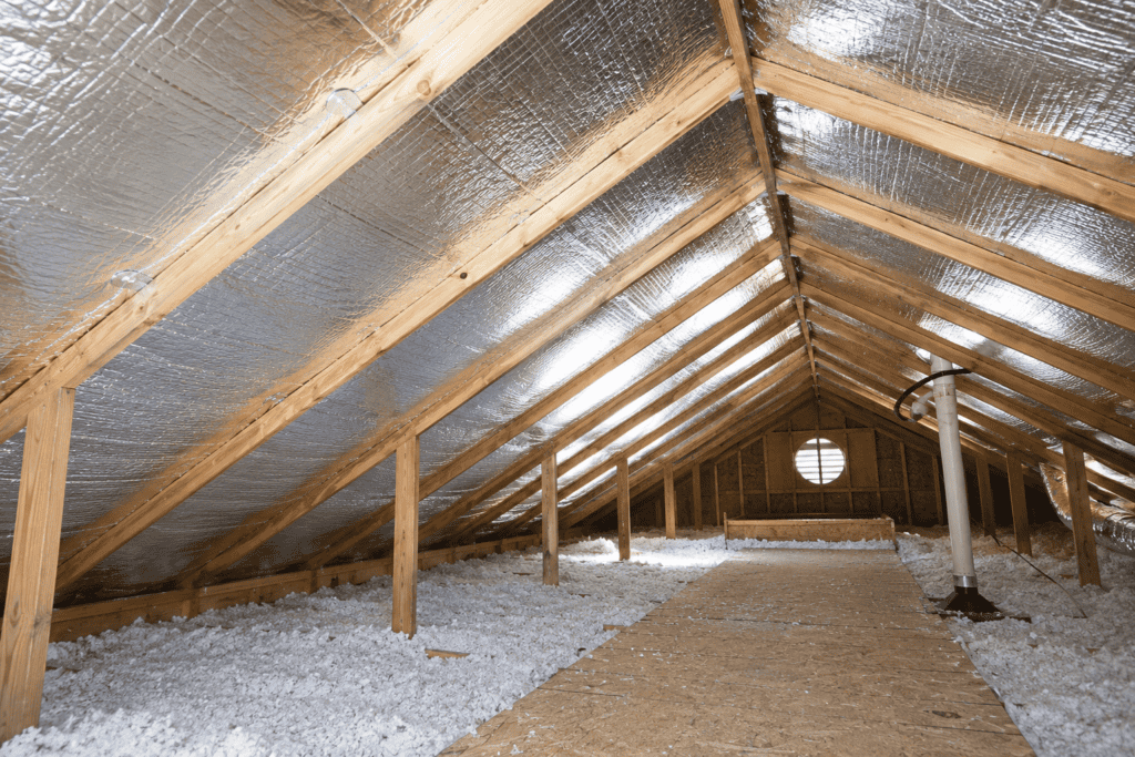 Reflective radiant barrier installed beneath attic rafters above existing blown-in insulation