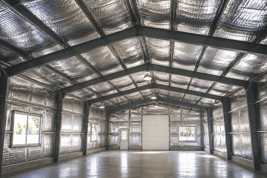Interior of a metal building with reflective insulation installed across the roof and walls for temperature and condensation control