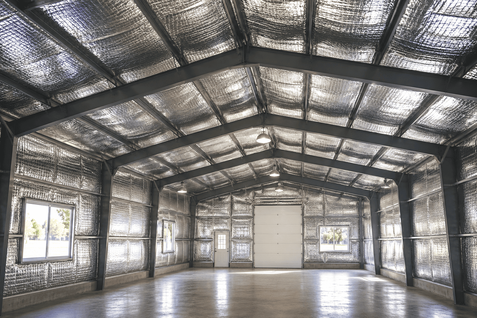 Interior of a metal building with reflective insulation installed across the roof and walls for temperature and condensation control