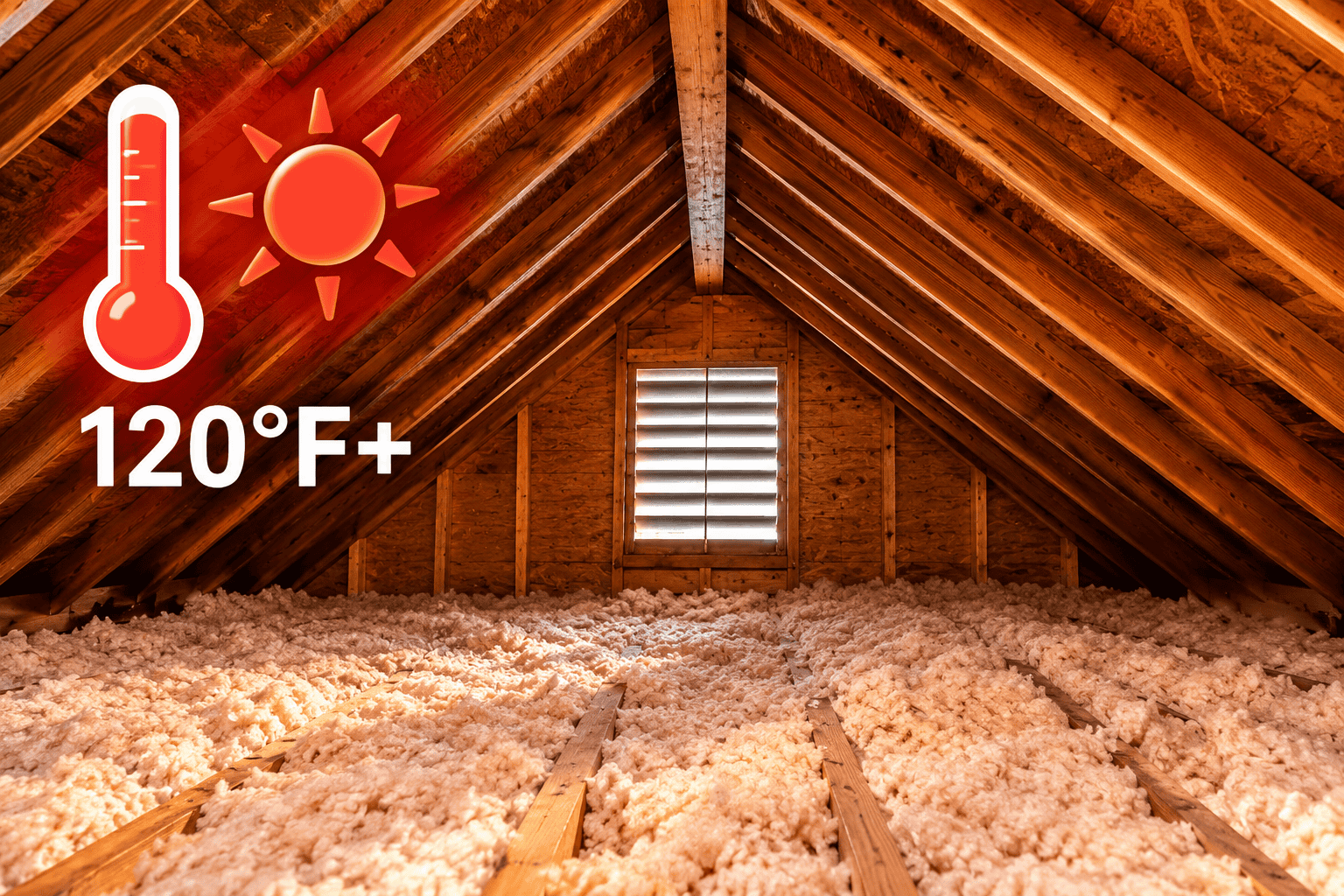 Attic before radiant barrier installation showing high heat, with a red thermometer indicating 120°F+.