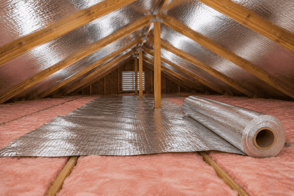 Thin radiant barrier foil laid over fiberglass batt insulation on the floor of a residential attic