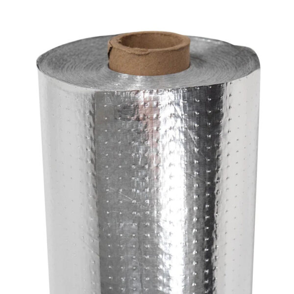 Roll of ES® SCIF Barrier Perforated RFID radiant barrier foil, a reflective insulation for SCIF rooms, homes and buildings, featuring tiny perforations for moisture control. Improved durability and performance over Ultra NT SCIF Barrier.