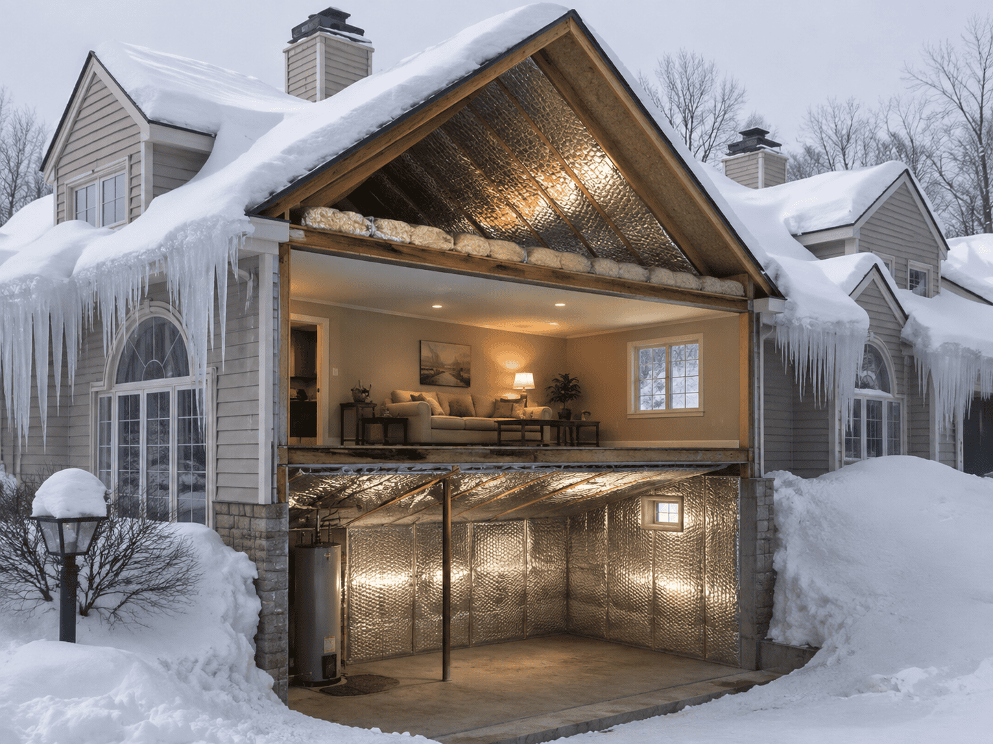Snow-covered homes with radiant barrier - Does Radiant Barrier Help In Winter? Cold climate insulation and thermal insulation.