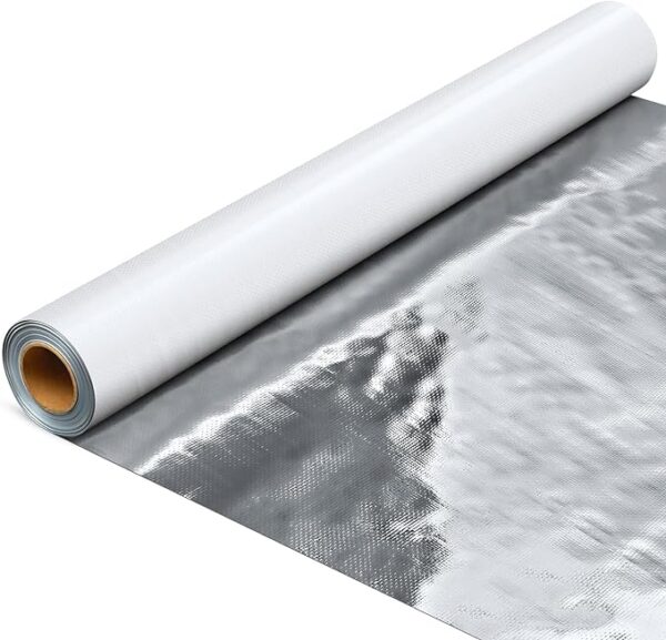 Roll of ES® Agro-Foil Perforated RFID Radiant Barrier – an effective solution for exposed agricultural structures, providing a breathable radiant barrier that allows moisture to pass through. A better, more affordable alternative to Super R® Plus Ag Barrier®.