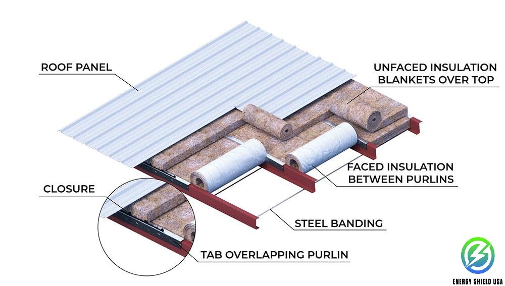 Diagram showing the installation of a double layer high R-value insulation system for metal buildings, featuring unfaced fiberglass under the roof panel and faced fiberglass between the purlins and above the steel banding.