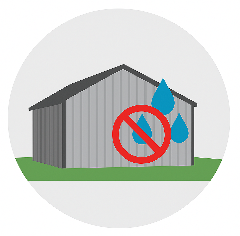Illustration showing insulation in a metal or pole barn building preventing moisture and condensation buildup.