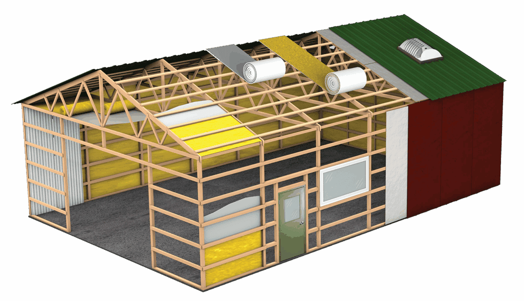 Post frame building showing different types of insulation—faced fiberglass, reflective foam, and reflective bubble—installed in walls and roof.