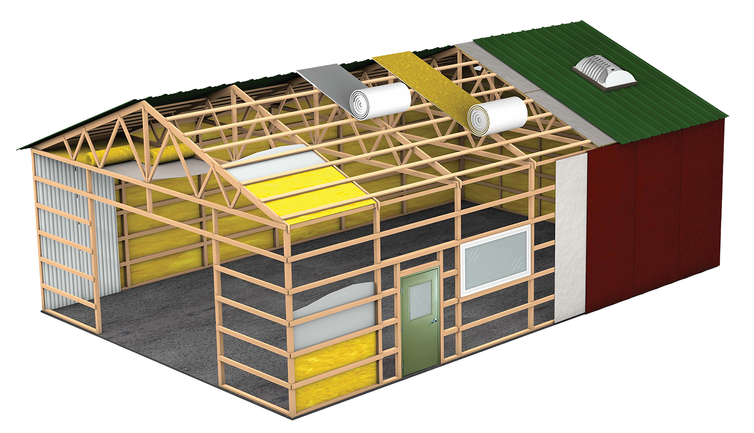 Post frame building showing different types of insulation—faced fiberglass, reflective foam, and reflective bubble—installed in walls and roof.
