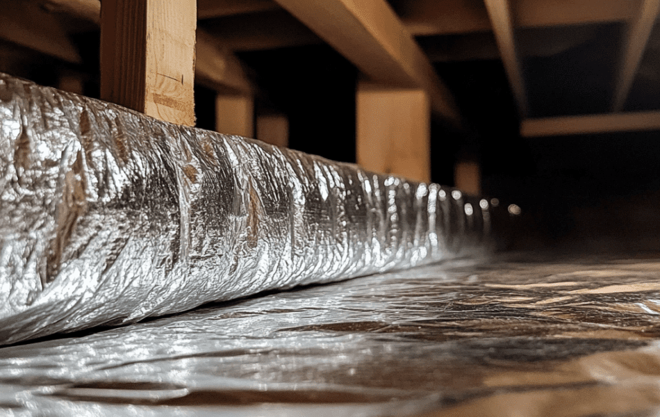 Reflective bubble insulation installed in a crawl space to reduce heat transfer and control moisture