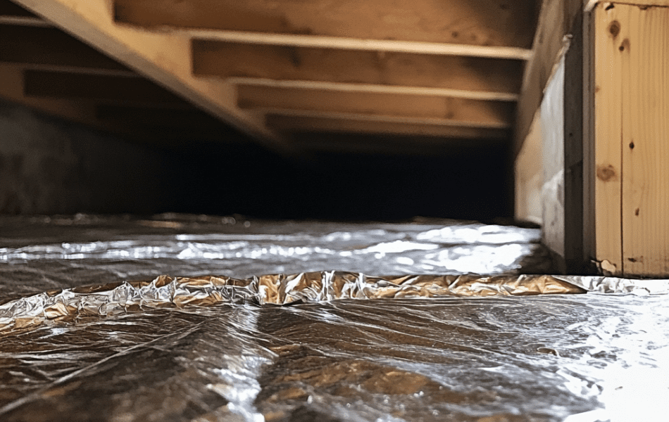 Reflective bubble insulation installed in a crawl space to reduce heat loss and control moisture
