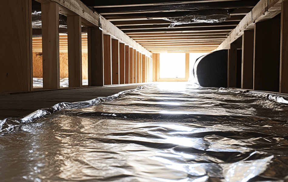 Radiant barrier insulation installed in a crawl space to reflect heat and control moisture