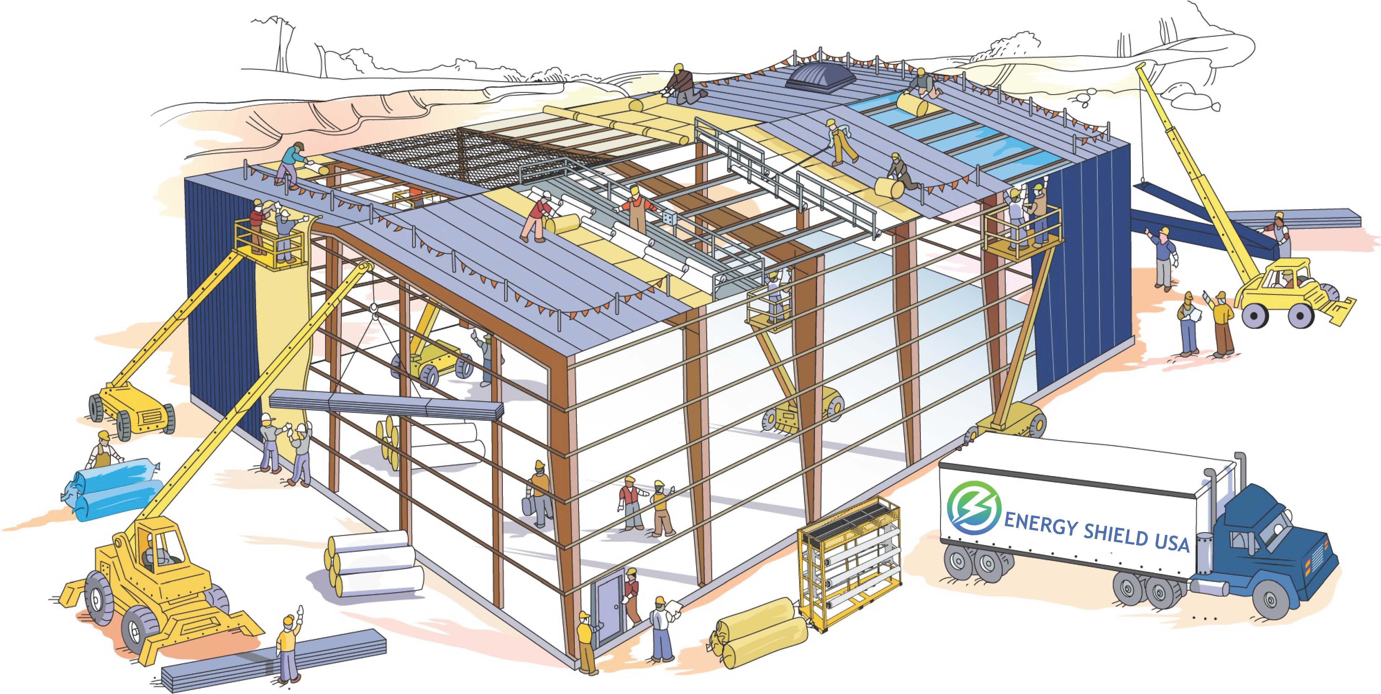 Metal building showing various insulation types—faced fiberglass, reflective foam, and reflective bubble—with an Energy Shield USA delivery truck in front.