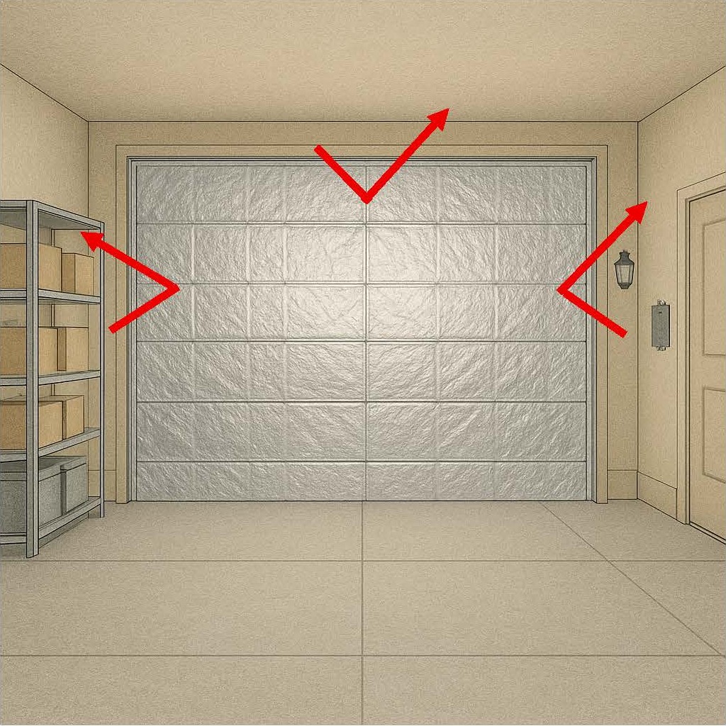 Interior view of garage door with insulation reflecting heat back into the garage