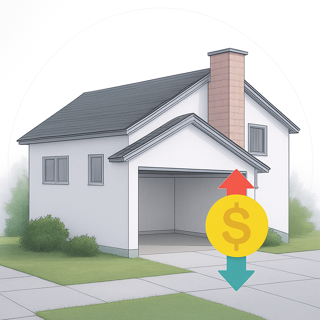 Garage door with reflective insulation and dollar symbol indicating energy savings