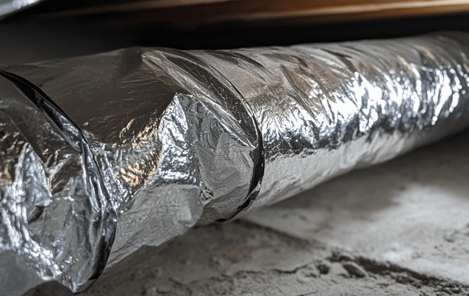 Ductwork wrapped in Energy Shield reflective insulation in an attic to prevent heat loss, condensation, and energy waste