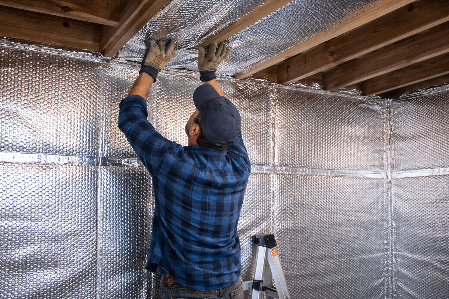 Handyman installing reflective bubble or reflective foam insulation with foil side facing out on basement walls and ceiling, using reflective foil seaming tape.