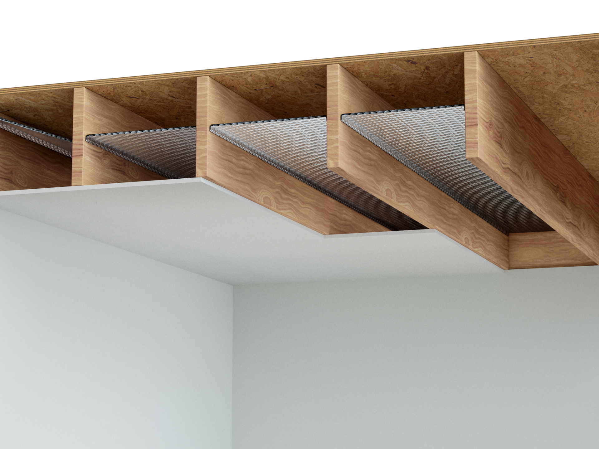 Basement ceiling insulated with reflective bubble or reflective foam insulation between floor joists.