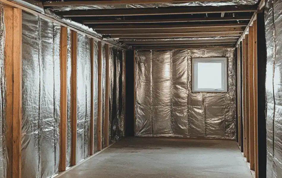 Reflective insulation installed in a residential basement
