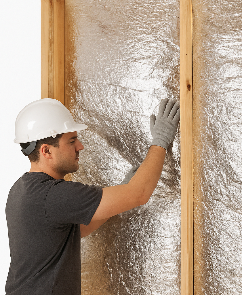 Installer placing USA-crafted reflective insulation inside a wall cavity.