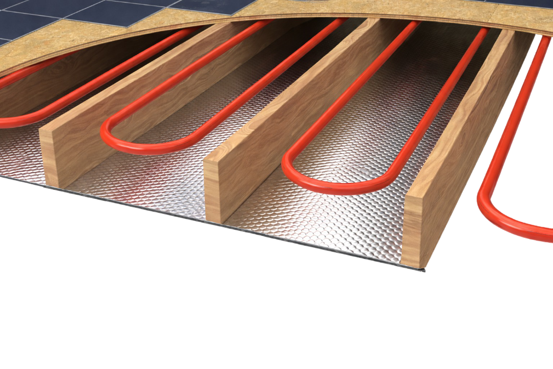 Flexible reflective radiant floor insulation installed under floor joists