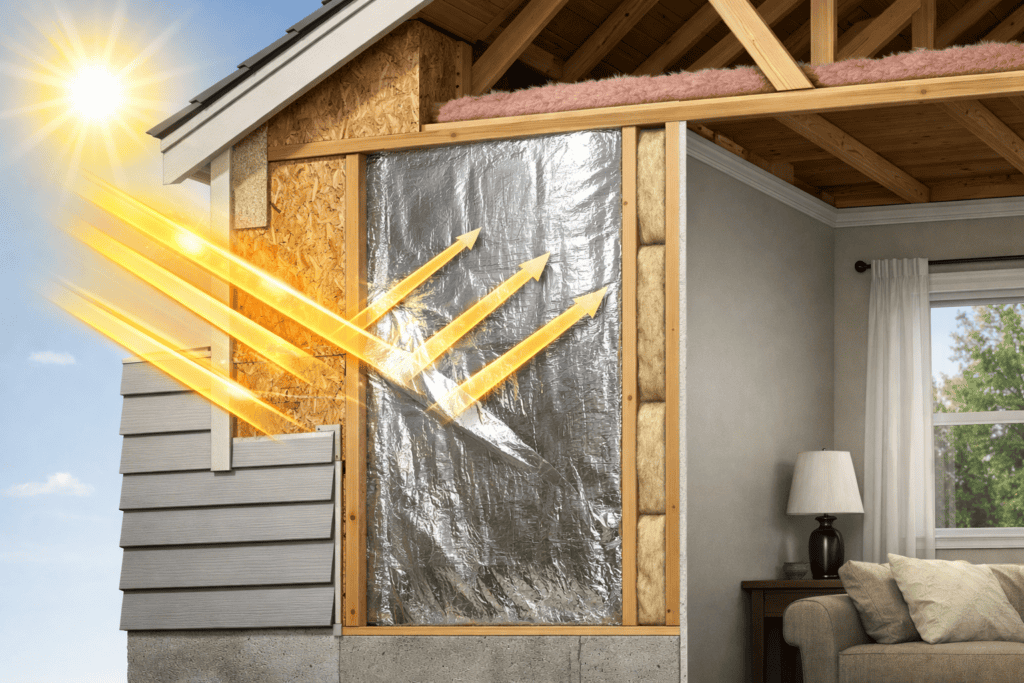 Reflective insulation installed in a residential wall and attic assembly reflecting solar heat away from the interior.