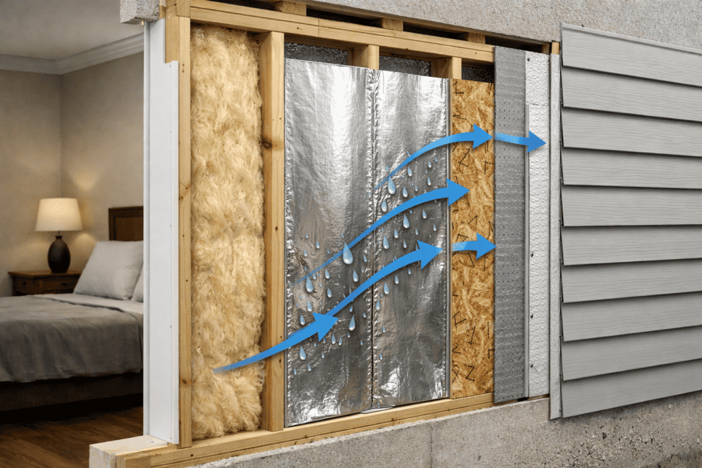 Reflective insulation acting as a moisture and vapor control layer in a residential wall assembly to prevent condensation.