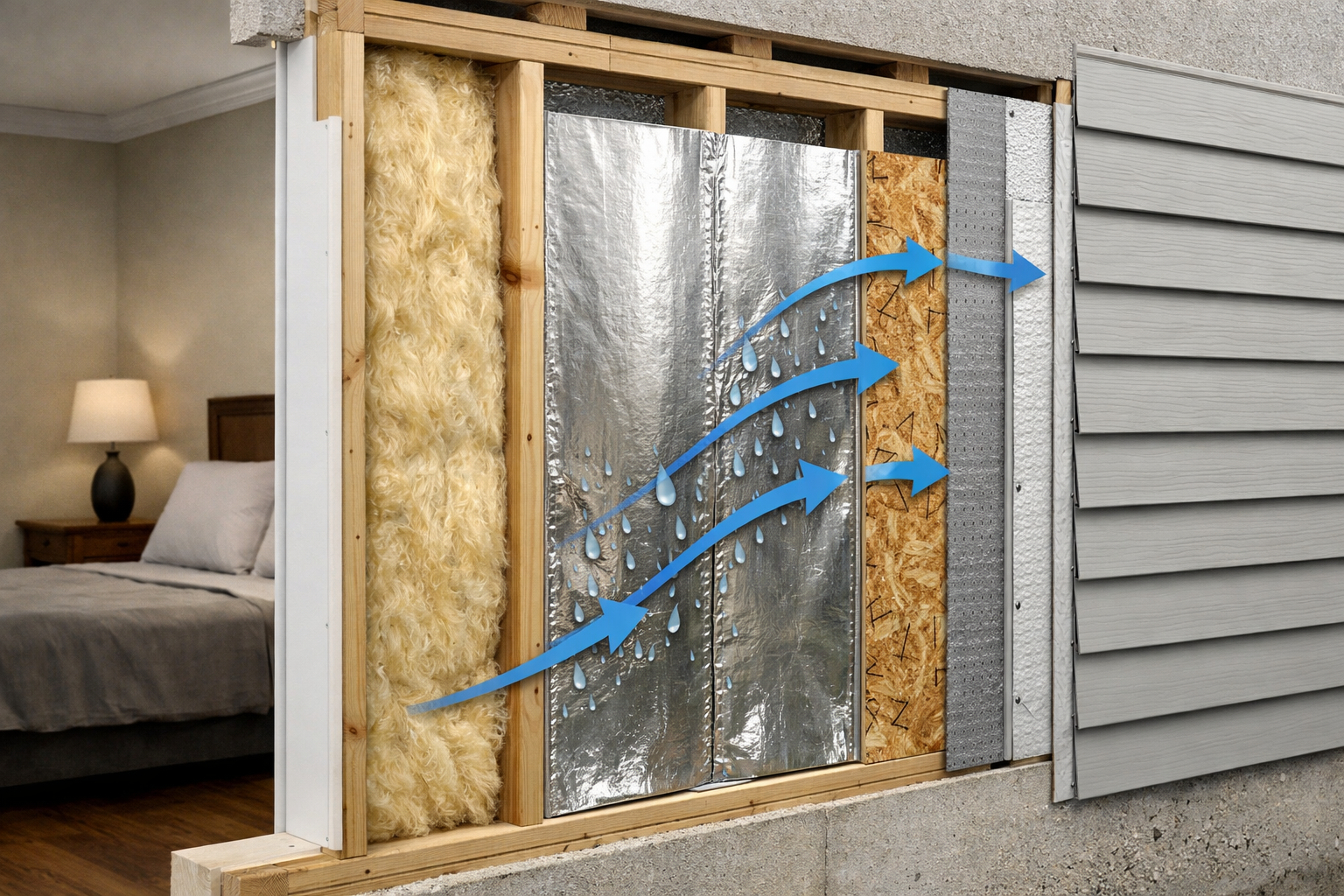 Reflective insulation acting as a moisture and vapor control layer in a residential wall assembly to prevent condensation.