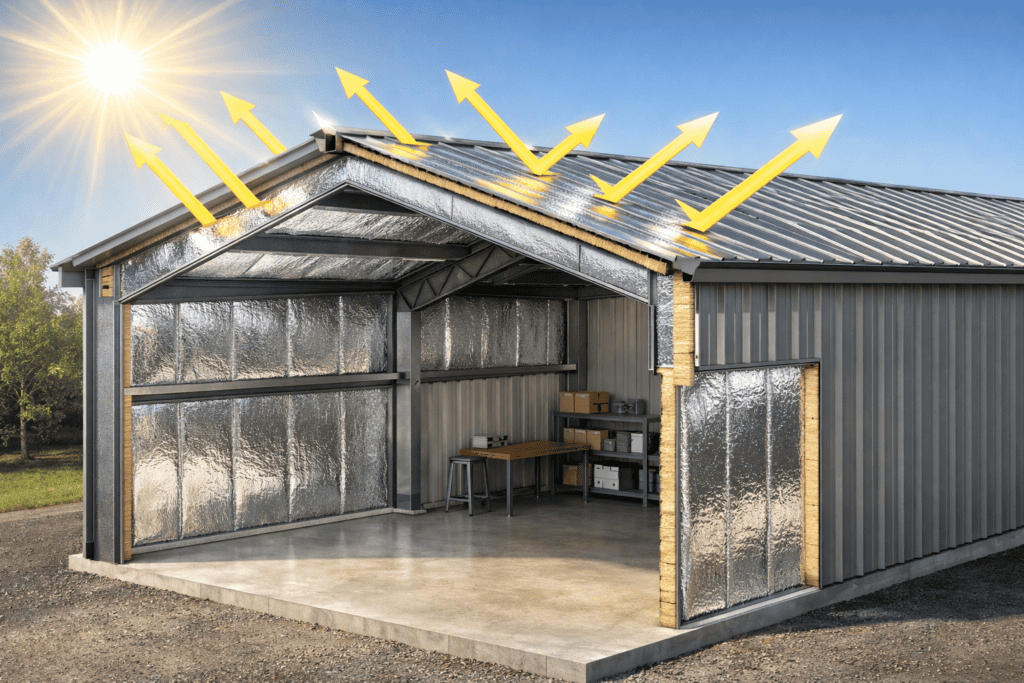 Reflective insulation installed in a metal building wall and roof system, reflecting solar heat away to keep the interior cool.