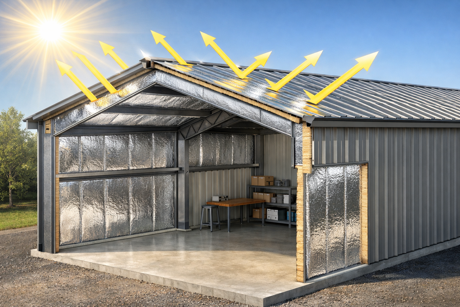 Reflective insulation installed in a metal building wall and roof system, reflecting solar heat away to keep the interior cool.